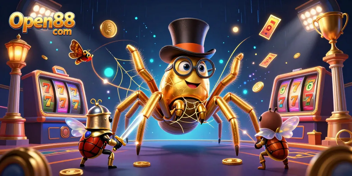 Engage in thrilling gameplay at Open88 com with dynamic gold coins and spinning reels in a vibrant casino scene.
