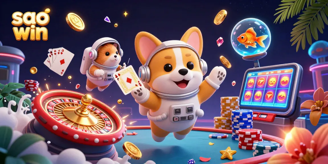 Sao win offers an immersive casino experience with a cartoon astronaut corgi in a space station casino.