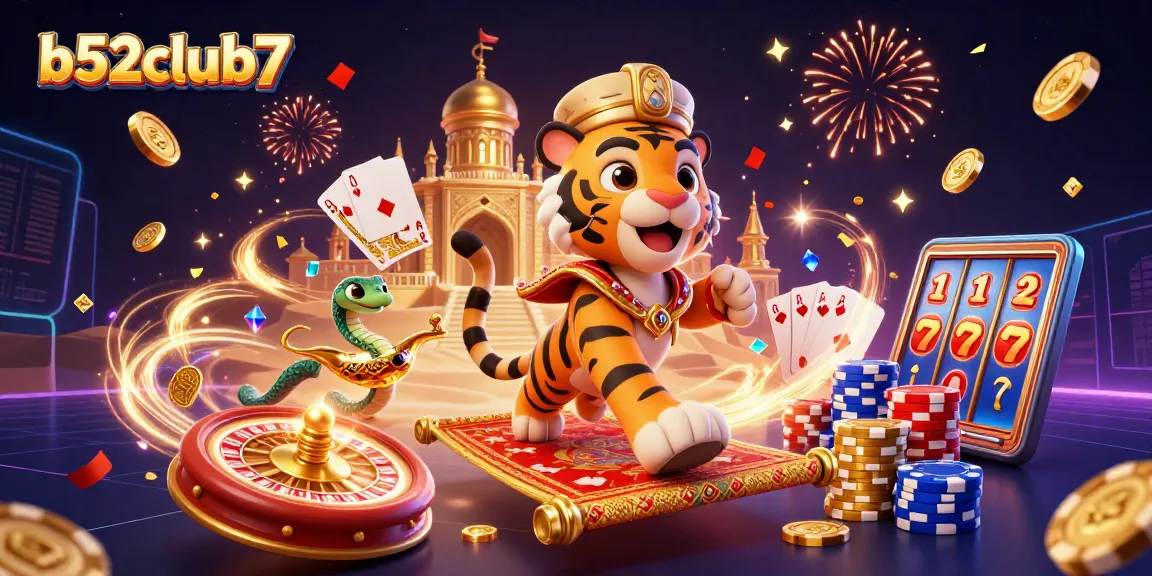 Engage with b52club7's vibrant gaming universe featuring a cartoon tiger sultan on a poker chip carpet.