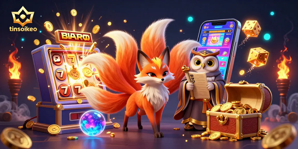 Spin the jackpot at tinsoikeo with a magical fox and owl in a vibrant illustration.