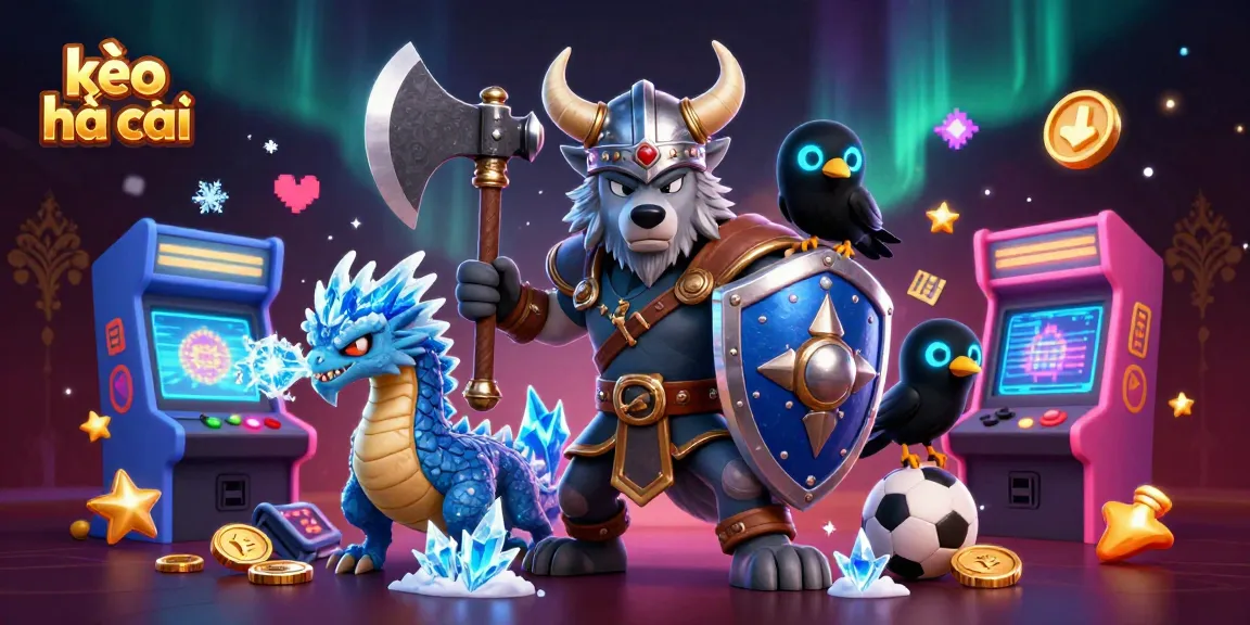 Bet on kèo nhà cái with a dynamic illustration of a Viking wolf warrior, dragon, and raven amid casino games.