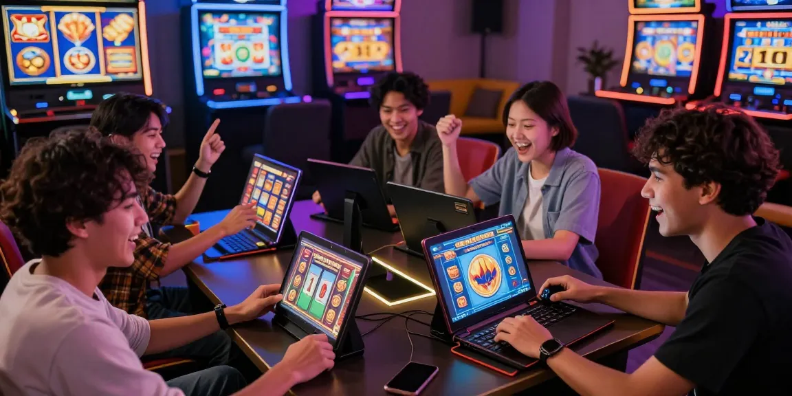 Exciting gamers celebrating wins on situs slot deposit 10 ribu in a vibrant digital lounge.