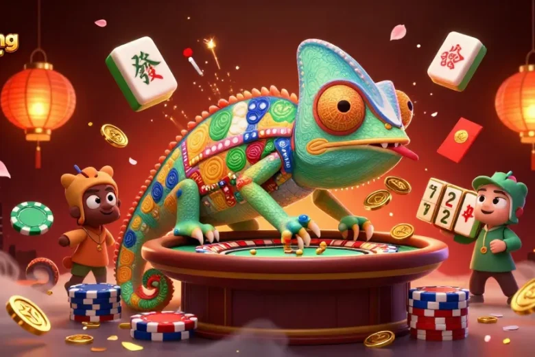 Experience the excitement at situs mahjong gacor with a vibrant scene of a chameleon casino owner surrounded by mahjong tiles and festive elements.