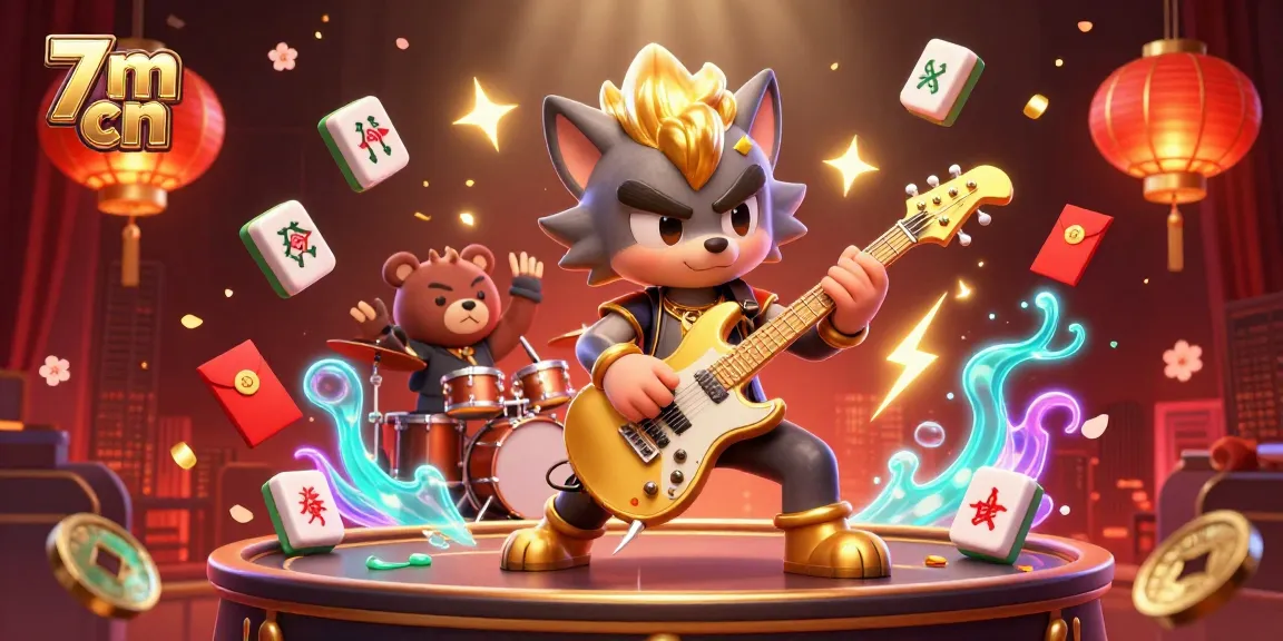 Experience the electrifying atmosphere of 7m cn as a rock star wolf and drummer bear energize a casino stage with immersive visuals.