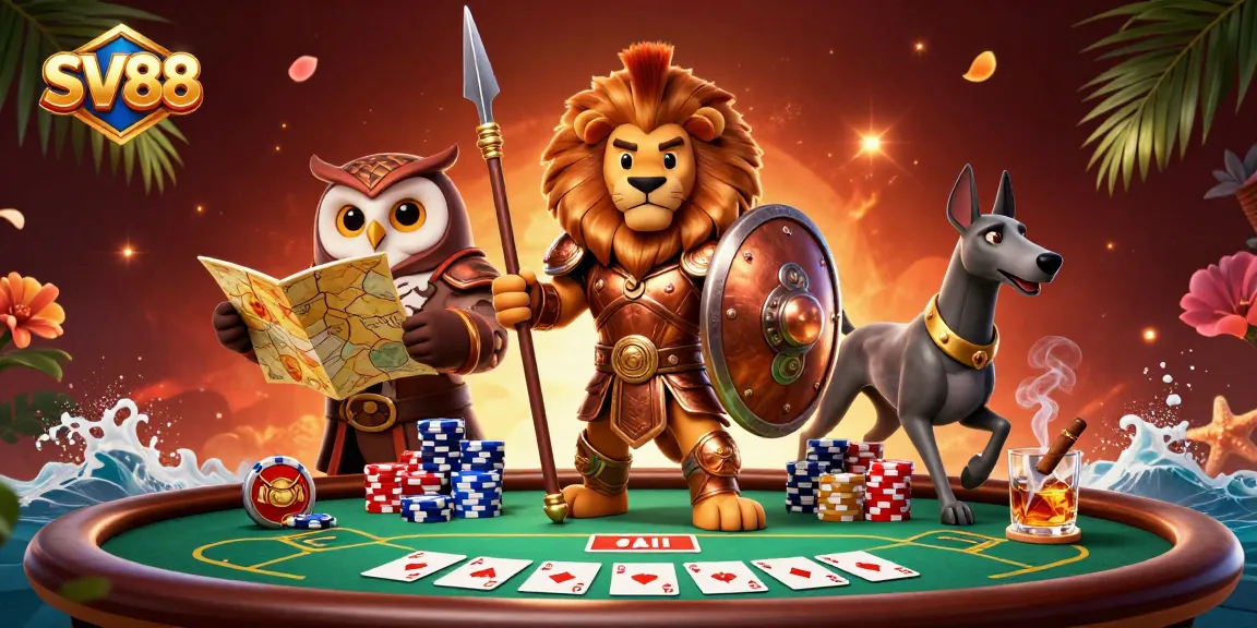 Engage in thrilling card play with SV88 featuring a heroic Spartan lion, tactical owl, and sleek greyhound among vibrant poker elements.