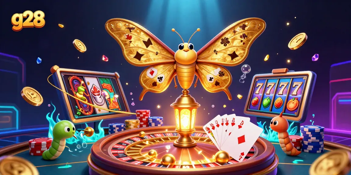 Win big with g28 in this vibrant 3D casino scene showcasing golden coins, slot reels, and a majestic moth.