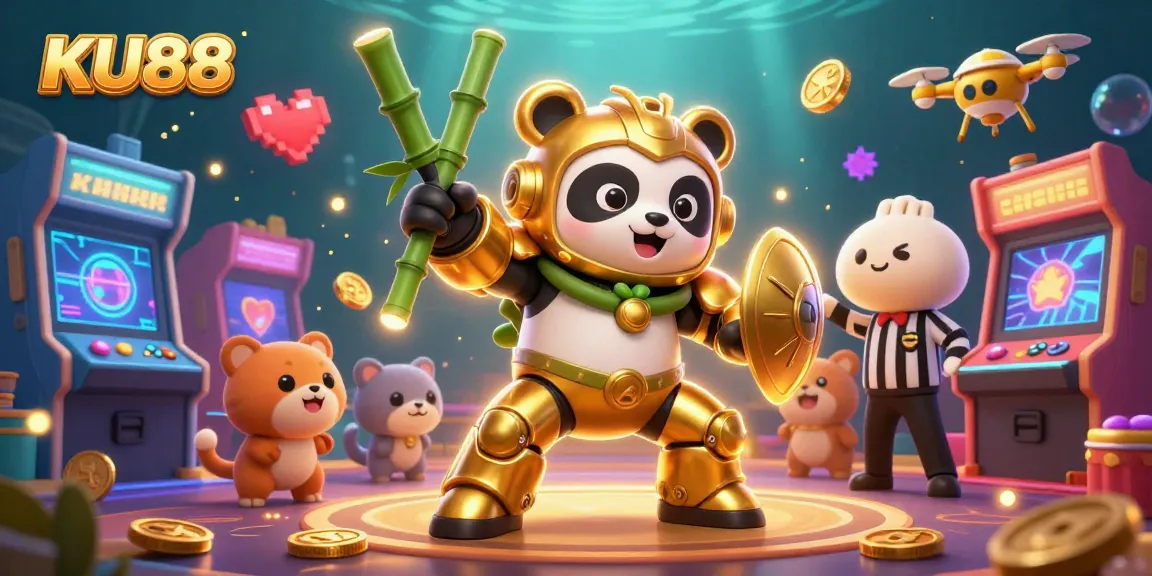 Engage in the vibrant KU88 casino experience with a golden panda in a thrilling gaming arena.