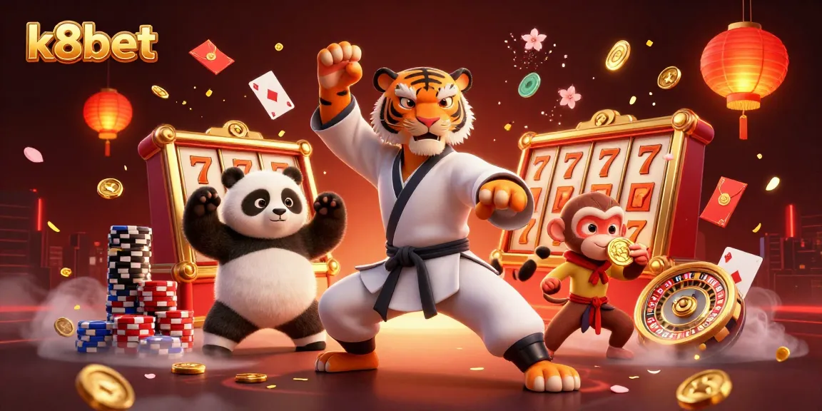 K8bet engages players with a vibrant casino scene showcasing a kung fu master, panda disciple, and a mischievous monkey amidst slot reels and golden coins.