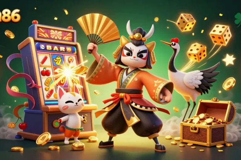 Experience thrilling wins with sam86 at an immersive slot machine surrounded by vibrant 3D characters.