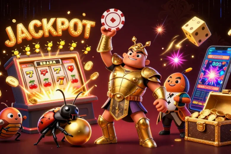 Engage with kèo nhà cái 5 as hercules beetle celebrates a jackpot with vibrant casino elements in a 3D illustration.