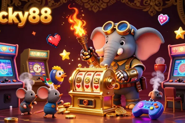 Engage with Lucky88’s thrilling slot machines and colorful arcade elements in this vibrant digital casino scene.
