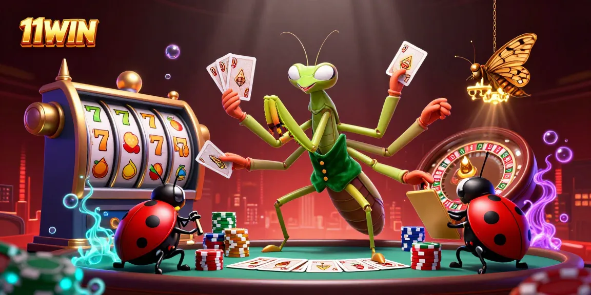 Experience winning thrills with 11WIN as the mantis and ladybug entertain in a vibrant casino scene.