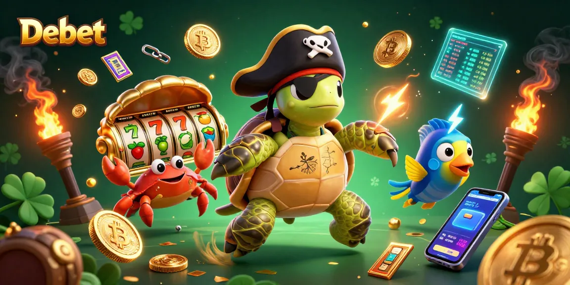 Engage with Debet and a vibrant scene of slot reels, lucky symbols, treasure, and casino excitement.