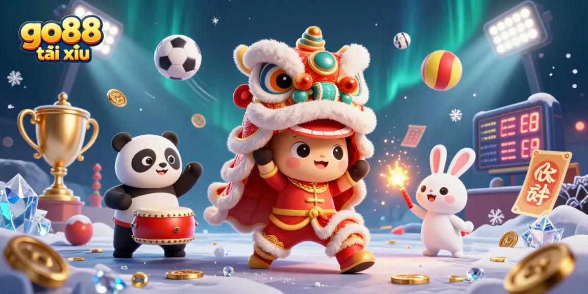 Experience go88 tài xỉu excitement with lively characters in a festive casino illustration.
