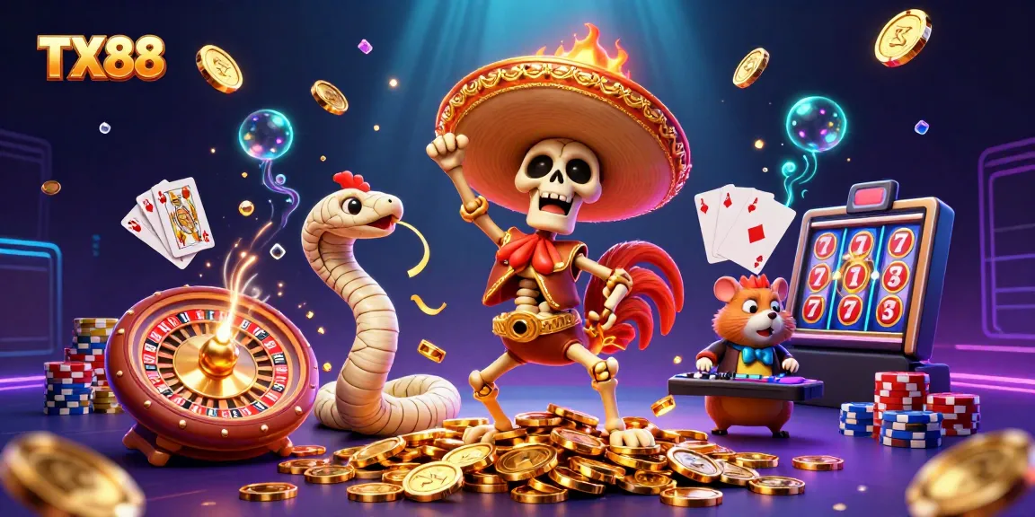 Experience excitement with TX88, a mariachi rooster dancing on coins, surrounded by casino elements.