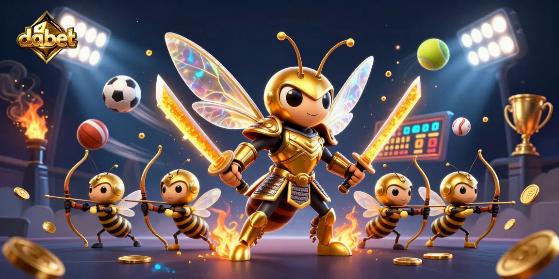 Dabet showcases dynamic sports betting elements with a golden hornet samurai and bee archers in action.