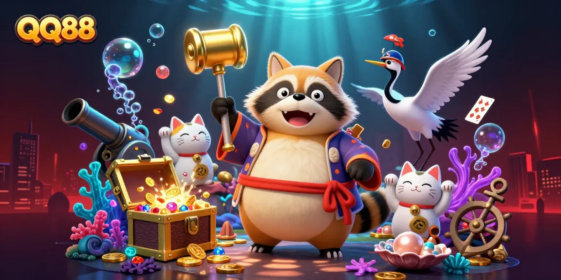 Experience QQ88's thrilling casino adventure with tanuki and lucky cats among treasure and glowing elements.
