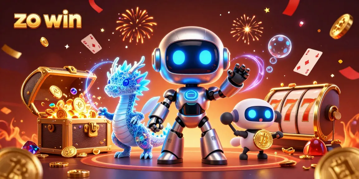 Experience exciting wins with zo win featuring a cyberpunk robot, AI dragon, and casino treasures.