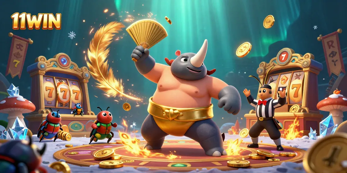 Experience excitement with 11WIN, where a beetle champion showcases thrilling winning moments in a vibrant casino.
