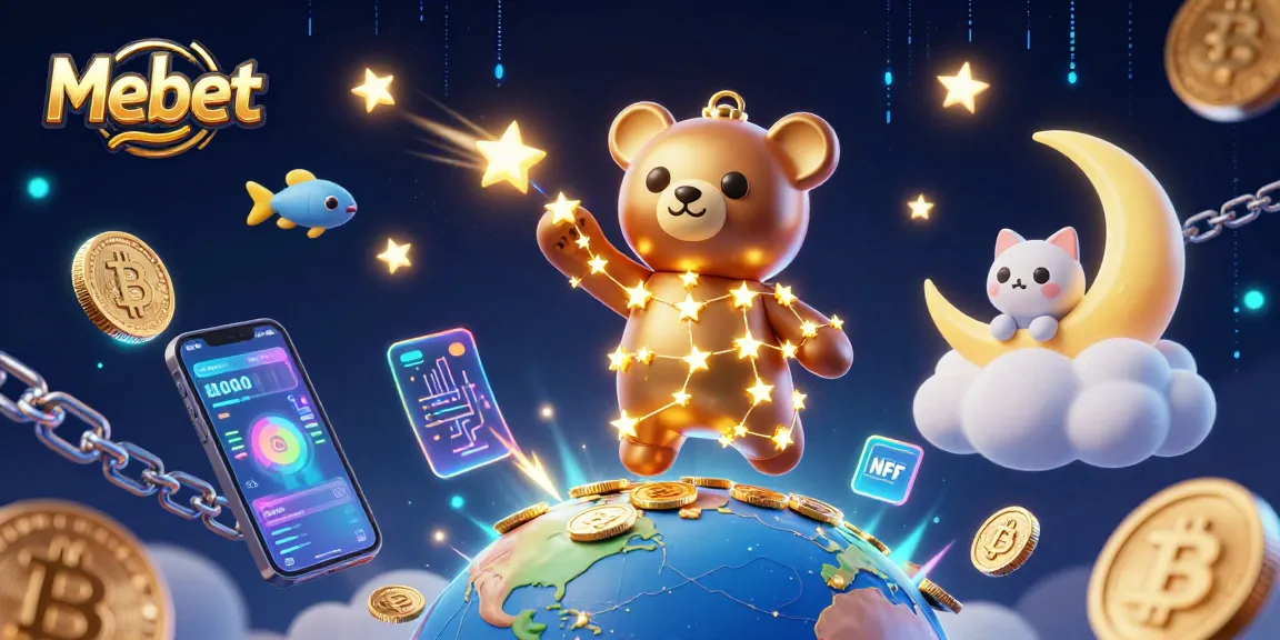 Mebet enhances gambling experiences with vibrant 3D casino elements like golden stars and neon coins.