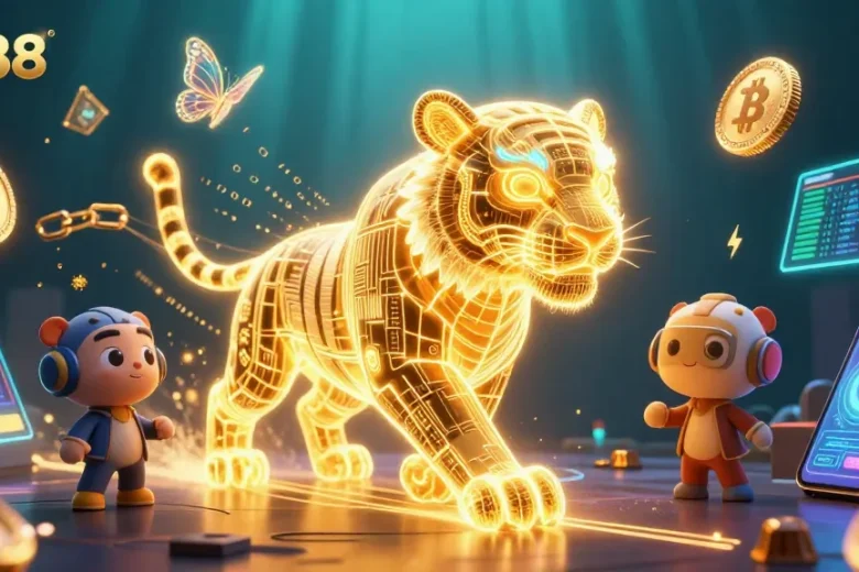Experience immersive gaming at go88 with vivid 3D illustrations showcasing golden tiger energy.