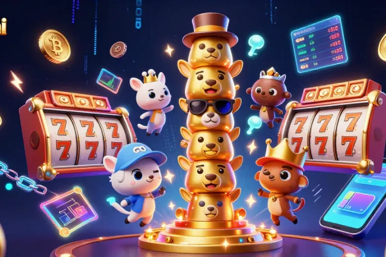 Dhani win platform showcases a 3D totem pole illustration amidst vibrant slot and crypto gaming themes.