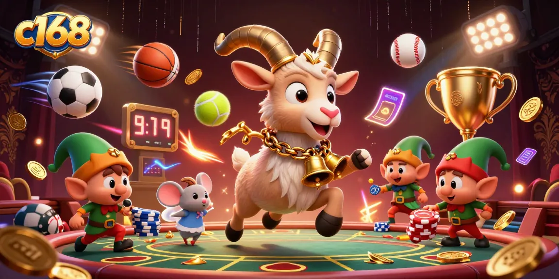 c168 showcases a lively casino scene with cartoon characters amidst flying sports elements, engaging players in gaming.
