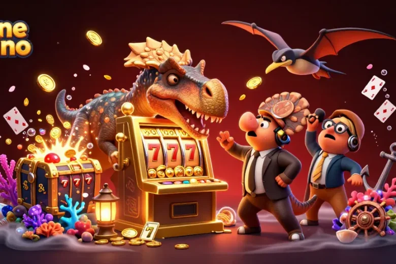 Engage in an exciting online casino scene with a dinosaur hitting a jackpot, golden coins flying around.