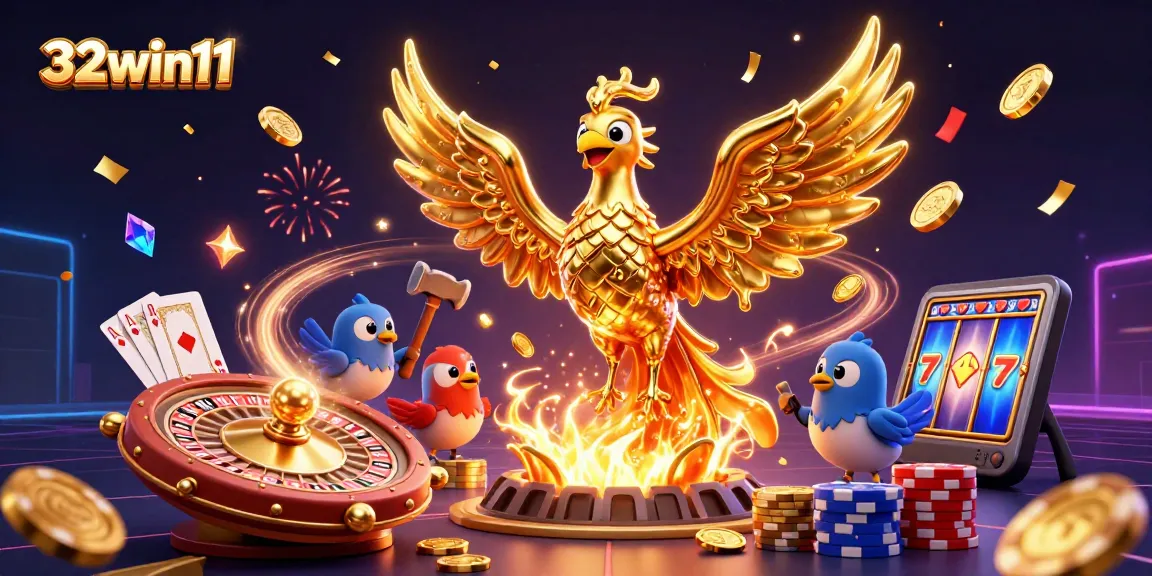 Experience thrilling gameplay with 32win11's animated golden phoenix generating winning coins amidst vibrant casino elements.