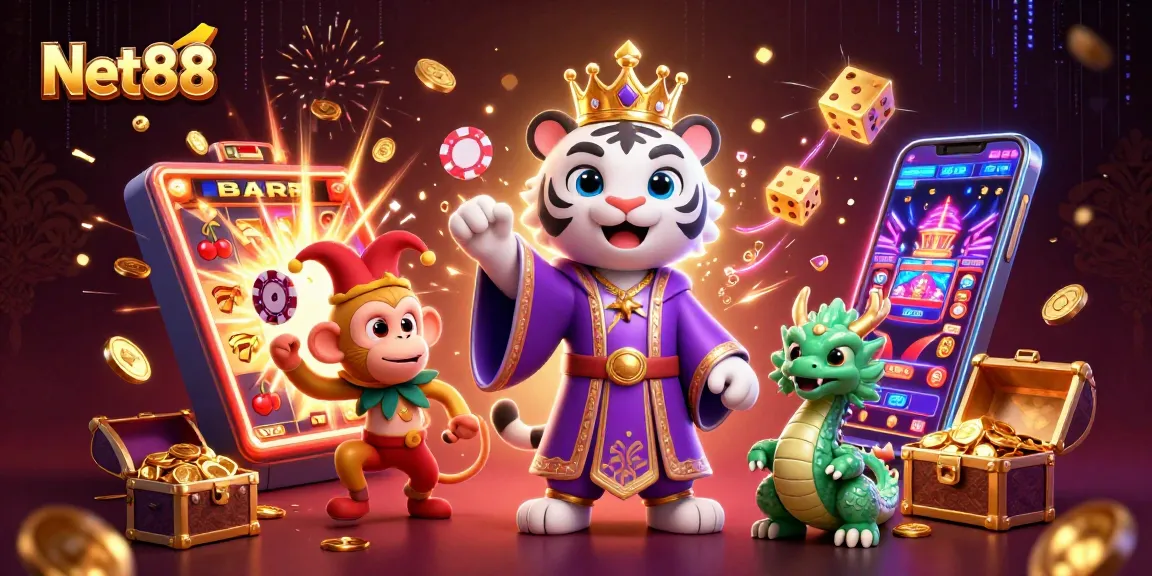 Experience Net88’s thrilling casino adventure with a vibrant illustration of luck and excitement.