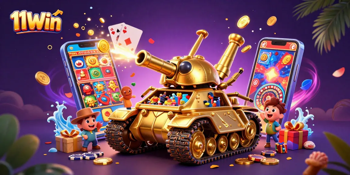 Win big at 11Win with a colorful casino scene and dynamic gaming elements.