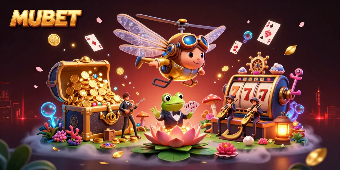MUBET's thrilling underwater casino scene features vibrant characters like a dragonfly pilot and frog croupier, creating engaging gambling action.