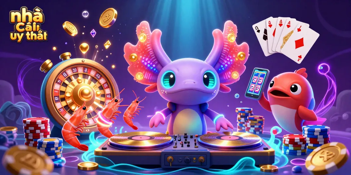 Experience the excitement of nhà cái uy tín with a vibrant underwater casino scene featuring a DJ axolotl and casino elements.