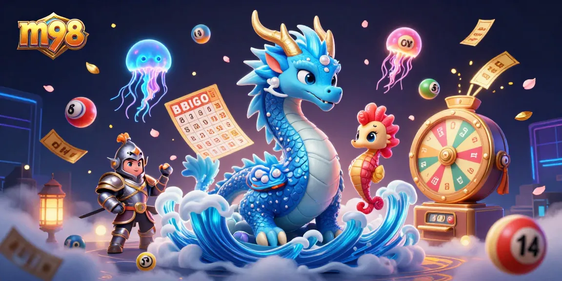 Experience m98's thrilling gaming world with dynamic visuals of a dragon, seahorse knight, and casino elements.
