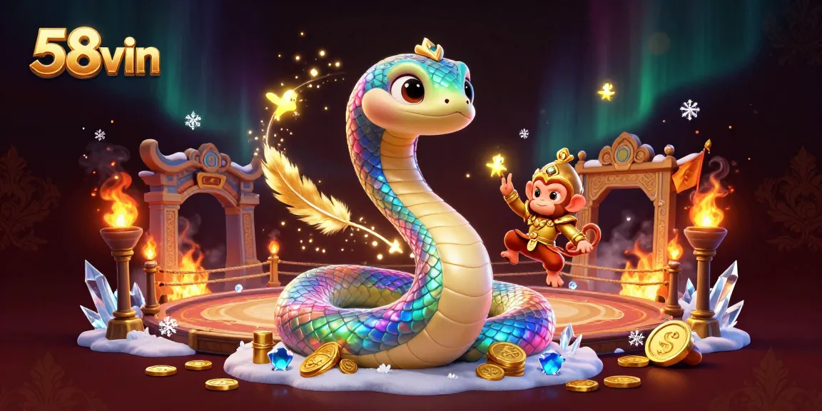 Engage with 58vin in a vibrant 3D digital illustration showcasing a thrilling casino adventure with a magical serpent.