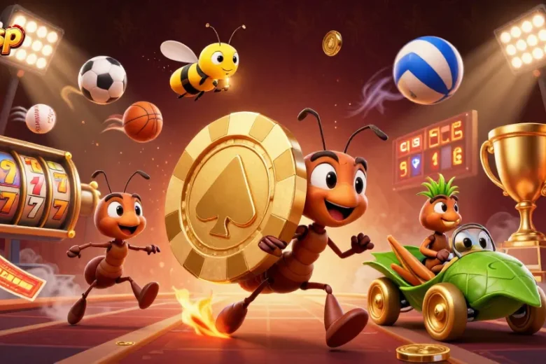 Gaysvp features ants heisting a giant poker chip amidst dynamic casino elements, showcasing excitement in gambling.