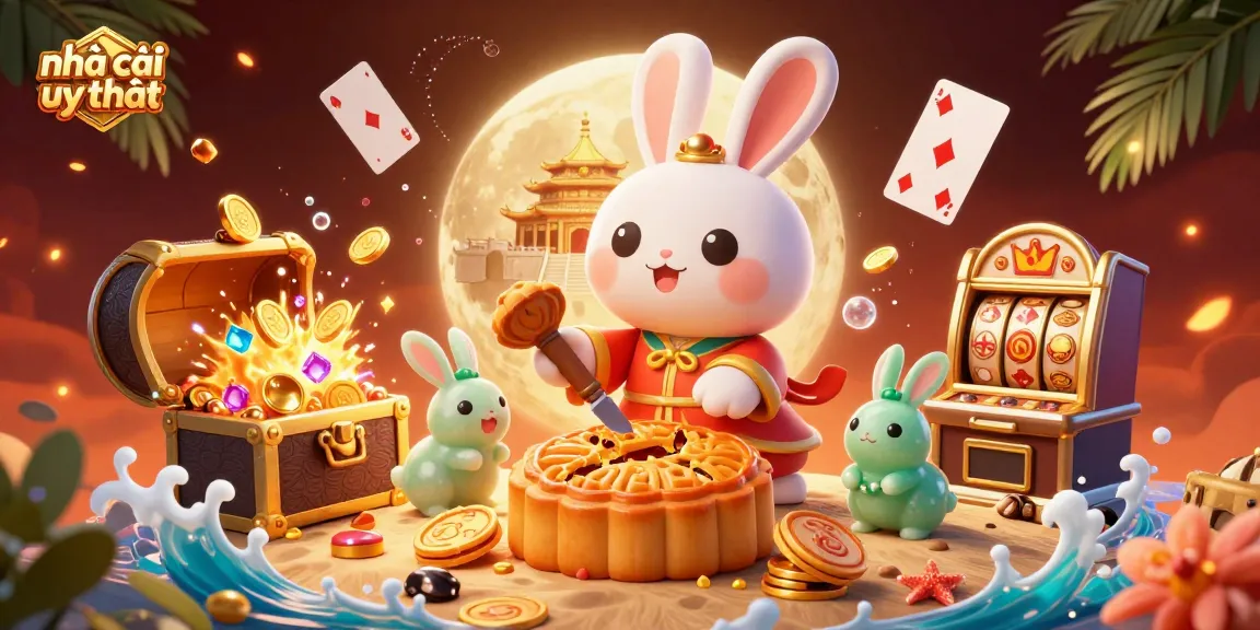 Engage at nhà cái uy tín with thrilling moon rabbit characters revealing prize poker chips and vibrant casino elements.