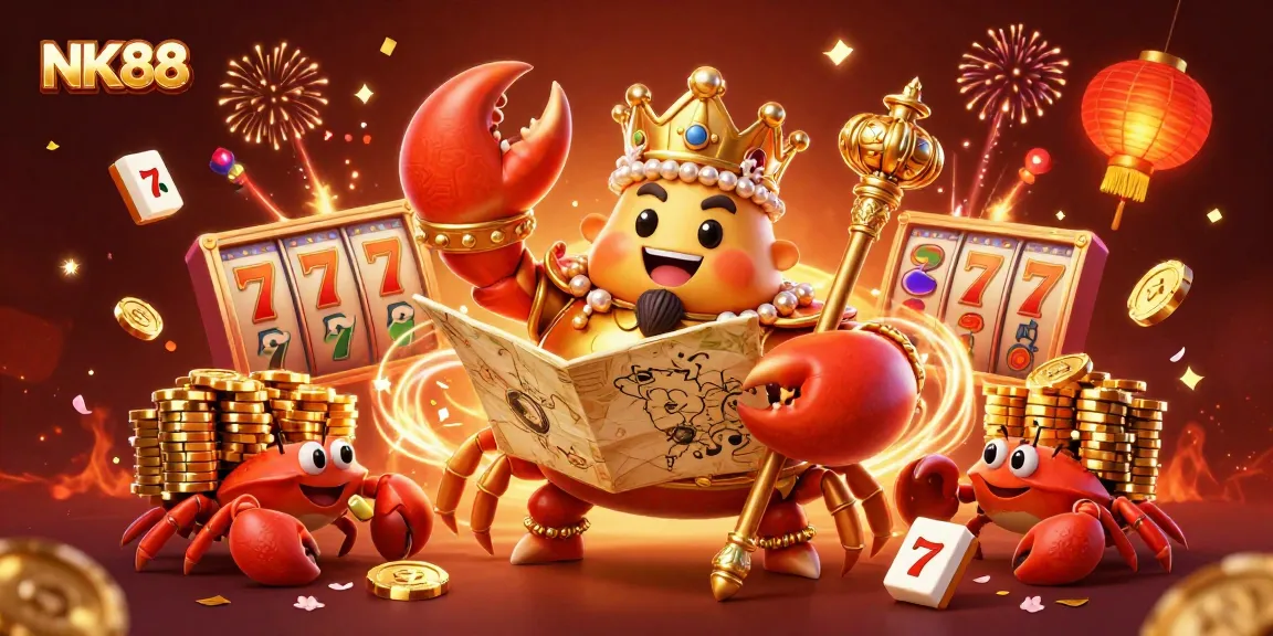 Experience the thrilling NK88 casino world with a majestic golden crab emperor amidst vibrant gaming elements.