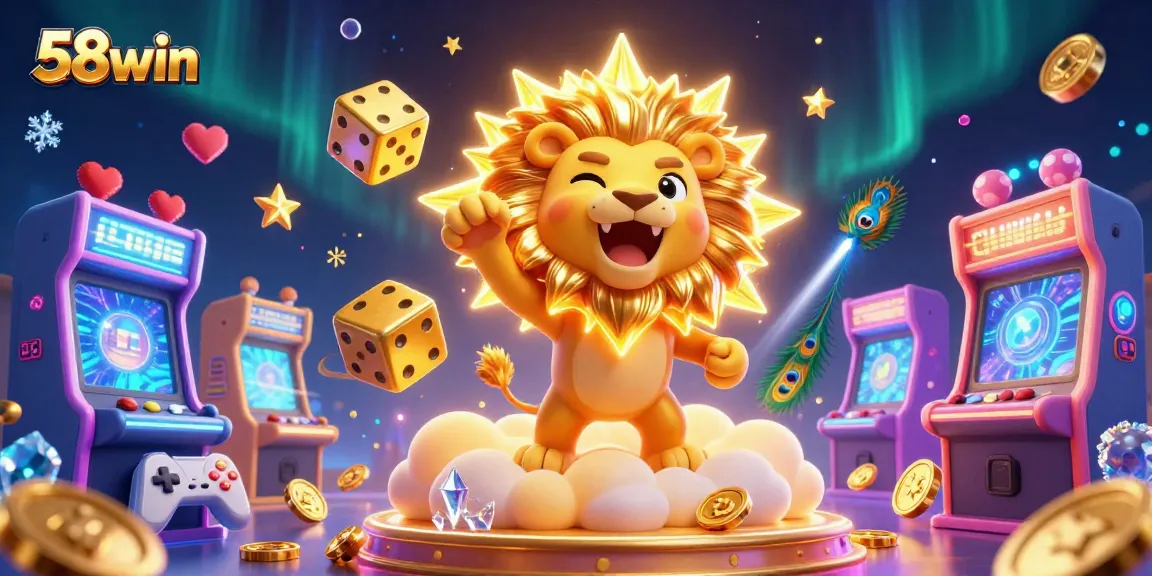 Experience the thrill of 58win with dynamic 3D illustrations of casino games and vibrant characters.
