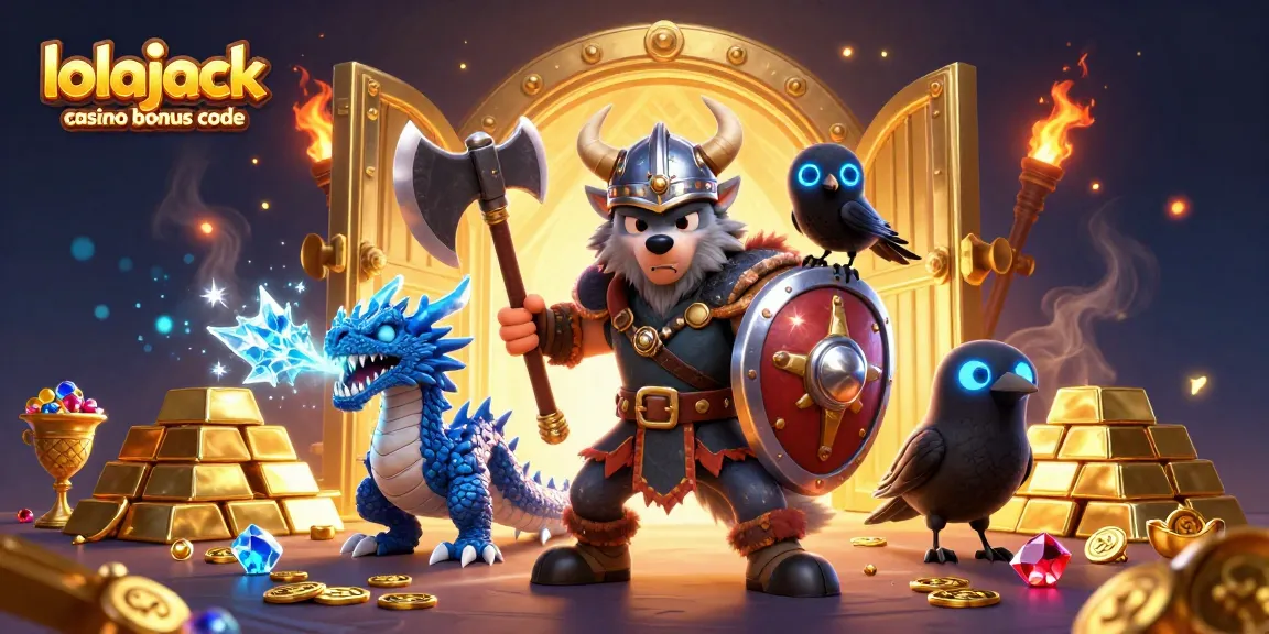 Uncover the exciting lolajack casino bonus code with cartoon Viking warrior and dragon beside golden treasures.