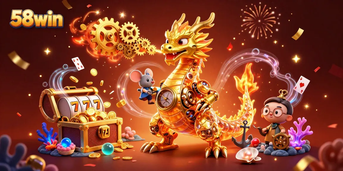 Experience thrilling gameplay with 58win as the majestic dragon breathes gears and cogs amidst vibrant casino visuals.