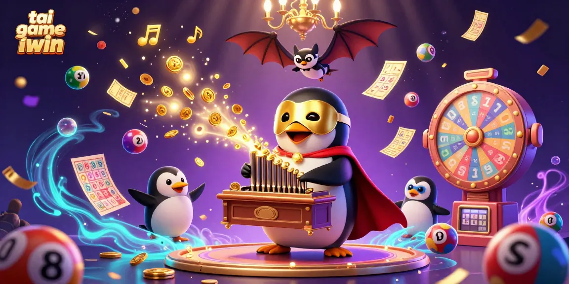 Join the excitement with tai game iwin featuring a penguin playing organ and dynamic lottery elements.