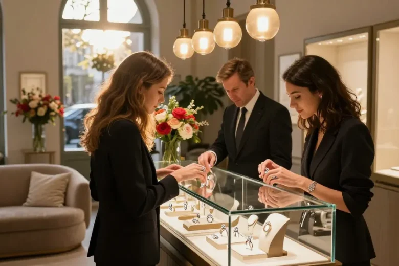 Couple exploring diamond engagement rings Zurich in stylish jewelry boutique, showcasing luxury and romance.
