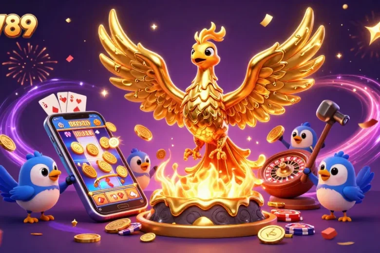 Join the action at alo789, where a golden phoenix releases coins in an exciting casino atmosphere.