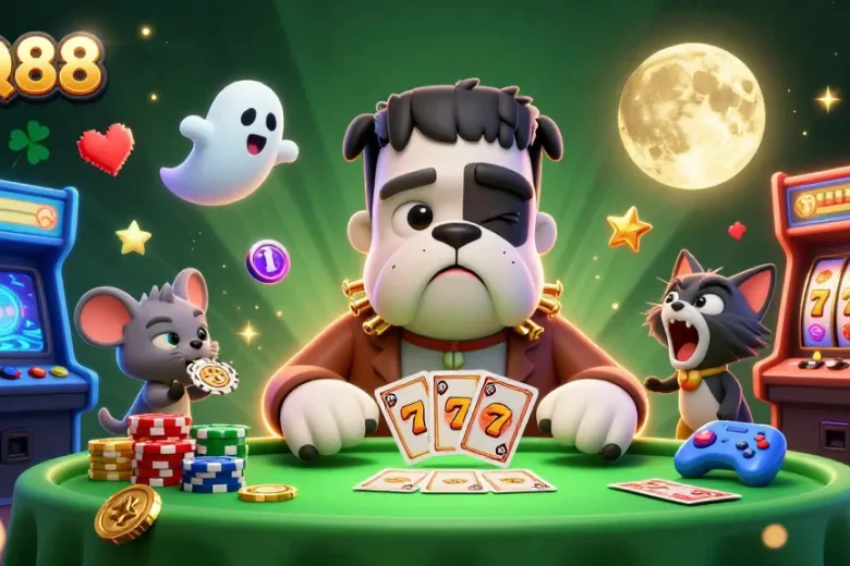 Experience thrilling card dealing at QQ88 with vibrant casino elements in a unique gaming scene.