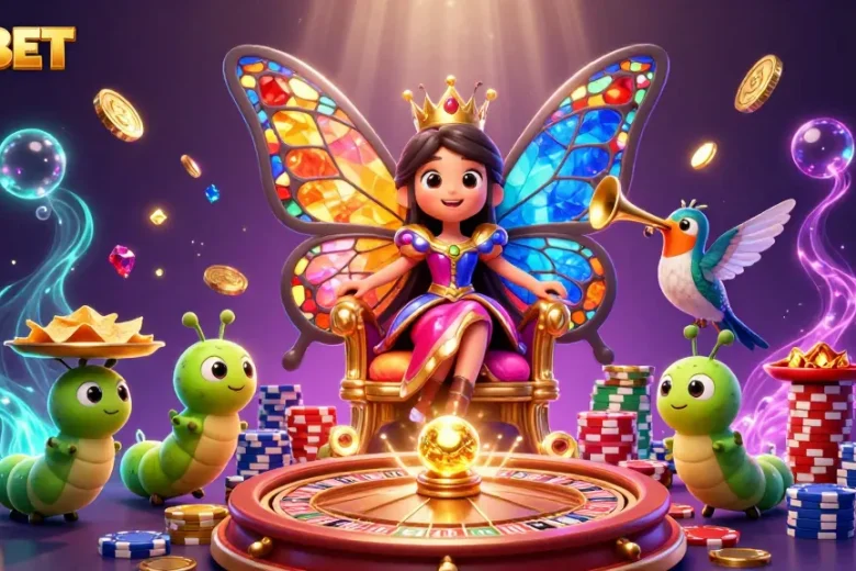 Engage with 789BET's vibrant casino world visualizing a butterfly queen and colorful gaming elements.